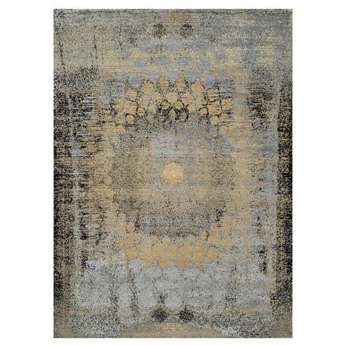 Ecru Brown, Broken and Erased Persian Goombad Design, Hand Knotted Wool and Silk Oxidized, Oriental 