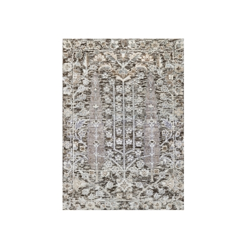 Fossil Gray, Hand Knotted With Willow And Cypress Tree Design, Silk With Textured Wool, Mat Oriental Rug