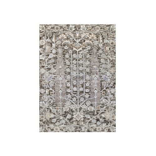 Falcon Gray, Silk With Textured Wool, Hand Knotted With Willow And Cypress Tree Design, Oriental Mat Rug