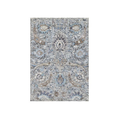 Eider White, Sickle Leaf Design, Plush and Lush Soft Pile, Silk With Textured Wool, Hand Knotted, Mat Oriental Rug