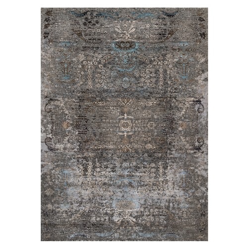 Charcoal Gray, Transitional Persian Influence Erased Medallion Design, Borderless, Silk with Textured Wool, Hand Knotted Oriental 