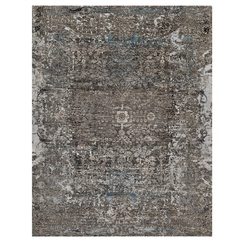 Intense Gray, Hand Knotted, Transitional Persian Influence Erased Medallion Design, Silk with Textured Wool, Oriental Rug