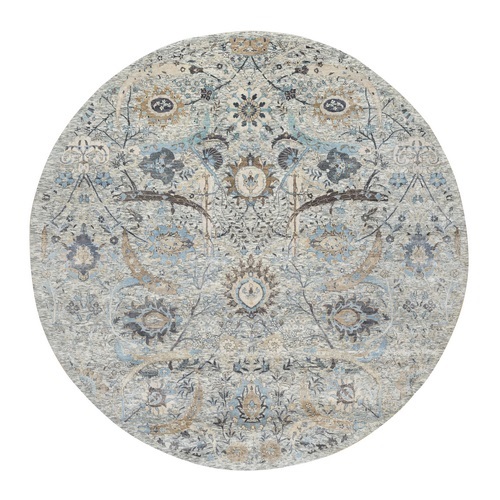 Tahira White, Hand Knotted, Silk With Textured Wool, Sickle Leaf Design, Lush and Plush Soft Pile, Round Oriental Rug