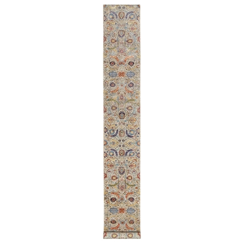 Cornsilk White, Sickle Leaf Design, Soft and Plush Pile, Silk With Textured Wool, Hand Knotted XL Runner Oriental Rug