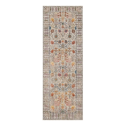 Chalk Beige, Silk With Textured Wool, Soft and Plush Pile, Hand Knotted, Directional Vase Design, Wide Runner Oriental Rug