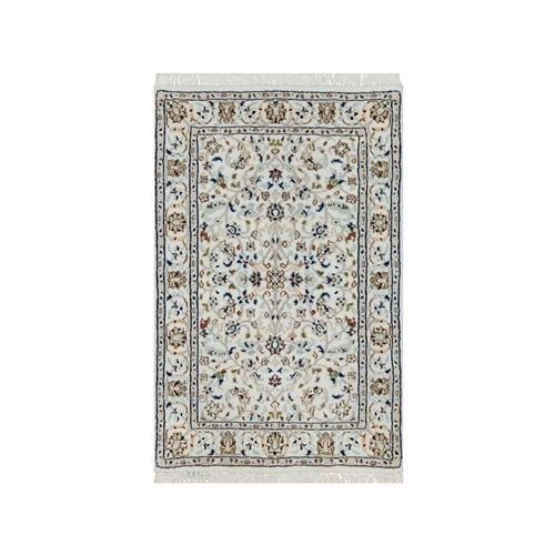 Isabelline White, Nain with All Over Flower Design, Wool and Silk, Hand Knotted, 250 KPSI, Mat, Oriental Rug