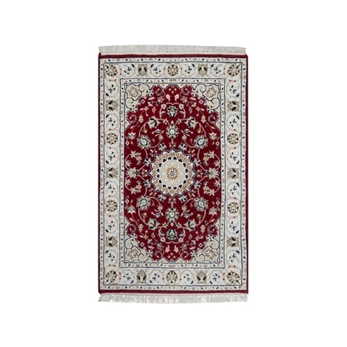 Rosewood Red, Wool and Silk, Nain with Center Medallion Flower Design, Hand Knotted, 250 KPSI, Mat, Oriental Rug