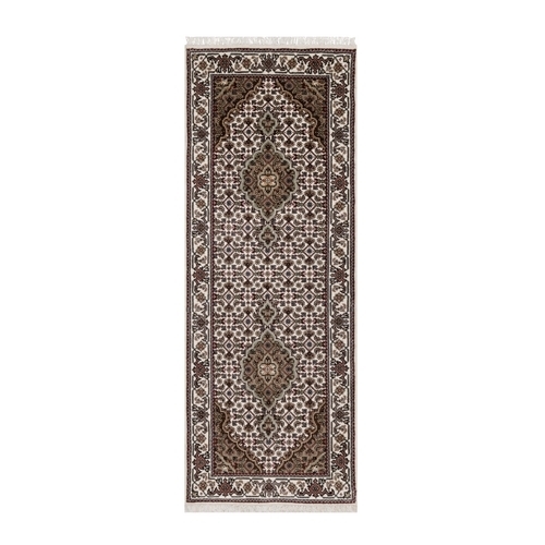 Cotton White, Hand Knotted, Tabriz Mahi with Fish Medallion Design, Pure Wool, Denser Weave, Short Runner, Oriental 