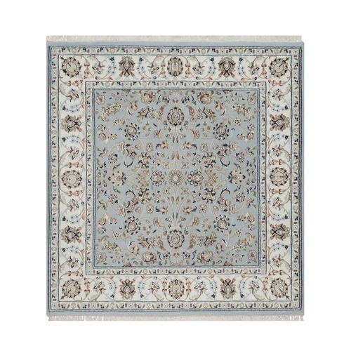 Light Blue, Nain with All Over Flower Design, 250 KPSI, Wool and Silk, Hand Knotted, Square, Oriental Rug