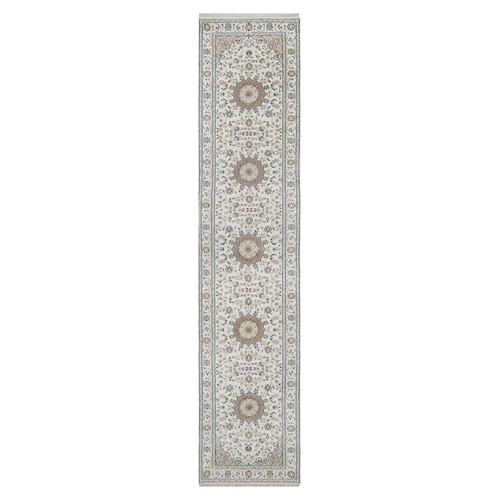 Powder White, Nain with Flower Medallion Design, 250 KPSI, Soft Pile, Hand Knotted, Wool and Silk, Runner, Oriental 