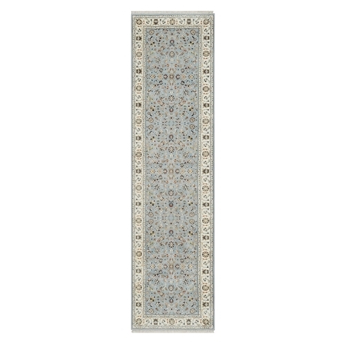 Light Blue, 250 KPSI, Nain with All Over Flower Design, Wool and Silk, Hand Knotted, Runner, Oriental Rug