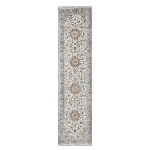 Spring White, Nain with Center Medallion, Hand Knotted, 250 KPSI, Wool and Silk, Runner, Oriental Rug