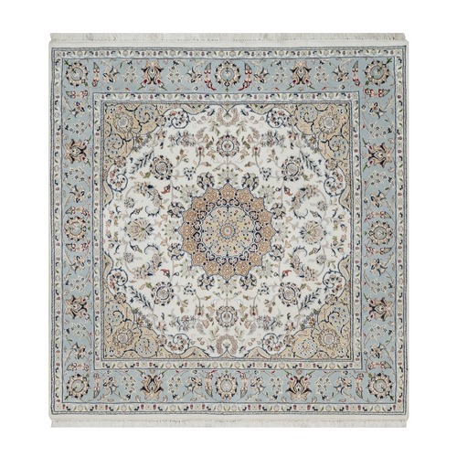 Alabaster White, 250 KPSI, Nain with Flower Medallion Design, Soft Pile, Hand Knotted, Wool and Silk, Square, Oriental 