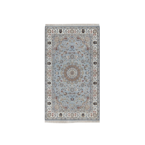 Brittany Blue, 250 KPSI, Hand Knotted, Nain with Floral Medallion Design, Wool and Silk, Oriental Rug