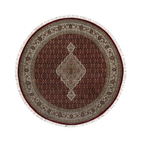 Scarlet Red, Tabriz Mahi with Fish Medallion Design, Pure Wool, Hand Knotted, Densely Woven, Round, Oriental Rug