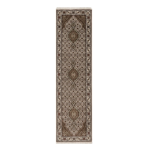 Alabaster White, Pure Wool, Tabriz Mahi with Fish Medallion Design, Hand Knotted, Denser Weave, Narrow Runner, Oriental 