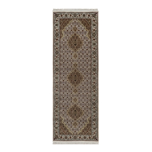 Daisy White, Tabriz Mahi with Fish Medallion Design, Hand Knotted, Pure Wool, Denser Weave, Runner, Oriental 