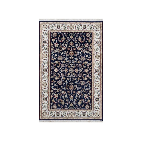 Hale Navy Blue, 250 KPSI, Nain with All Over Floral Design, Wool and Silk, Hand Knotted, Mat, Oriental Rug