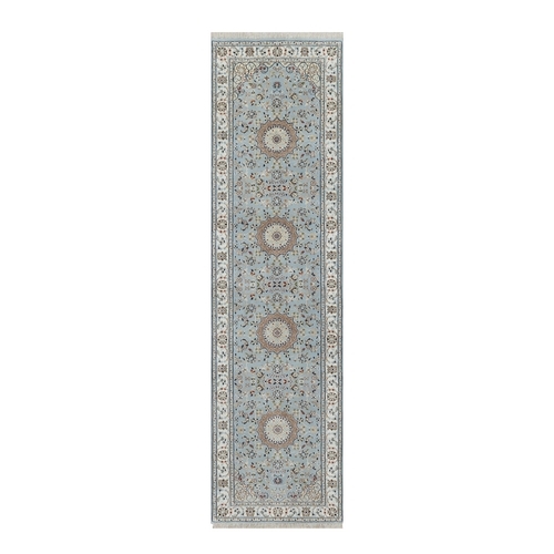 Celeste Blue, 250 KPSI, Wool and Silk, Hand Knotted, Nain with Flower Medallion Design, Runner, Oriental 