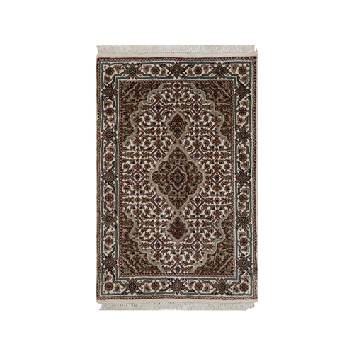 Oyster White, Hand Knotted, Tabriz Mahi with Fish Medallion Design, Pure Wool, Denser Weave, Mat, Oriental 