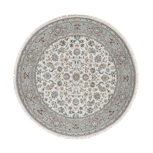 Pearl White, 250 KPSI, Nain with All Over Floral Design, Soft Pile, Wool and Silk, Hand Knotted, Round, Oriental Rug