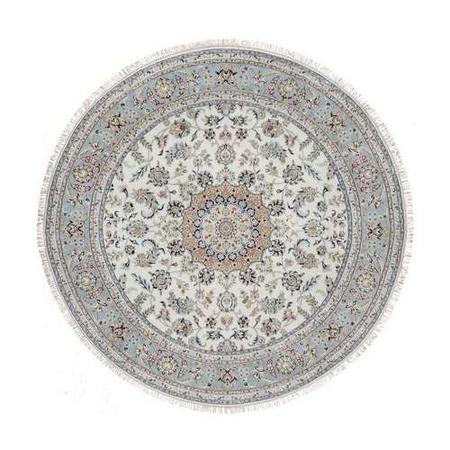 Daisy White, Nain with Floral Medallion Design, Hand Knotted, 250 KPSI, Wool and Silk, Round, Oriental Rug