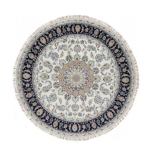 Pearl White, Nain with Flower Medallion Design, Hand Knotted, Wool and Silk, 250 KPSI, Round, Oriental Rug