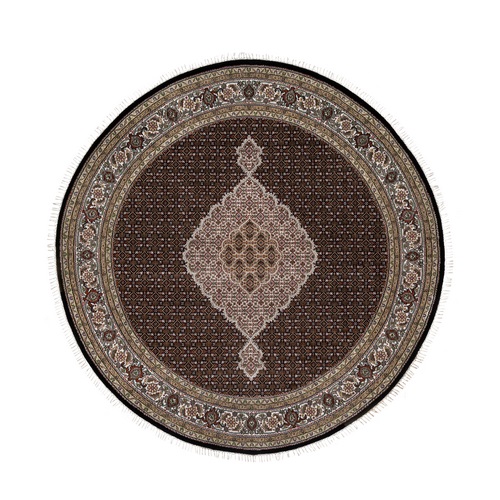 Pitch Black, Tabriz Mahi with Fish Medallion Design, 175 KPSI, Soft and Pure Wool, Hand Knotted, Round, Oriental 