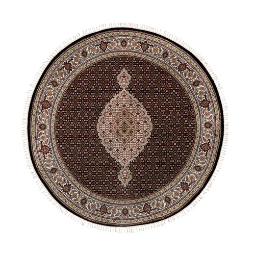 Rich Black, Hand Knotted, Tabriz Mahi with Fish Medallion Design, 175 KPSI, Pure Wool, Round, Oriental Rug