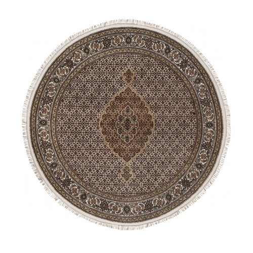 Cotton White, Pure Wool, Tabriz Mahi with Fish Medallion Design, Denser Weave, Hand Knotted, Round, Oriental Rug