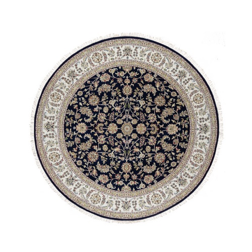 Midnight Blue, Nain with All Over Flower Design, Wool and Silk, 250 KPSI, Hand Knotted, Round, Oriental Rug