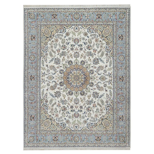 Chiffon White, Nain with Flower Medallion Design, Hand Knotted, 250 KPSI, Wool and Silk, Oriental Rug