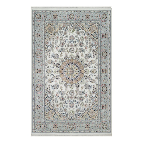 Powder White, Hand Knotted, 250 KPSI, Nain with Center Medallion Design, Soft Pile, Wool and Silk, Oriental Rug