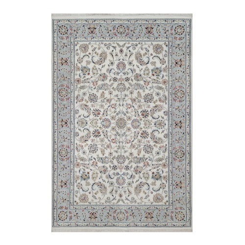 Spring White, Hand Knotted, Nain with All Over Flower Design, 250 KPSI, Wool and Silk, Oriental Rug