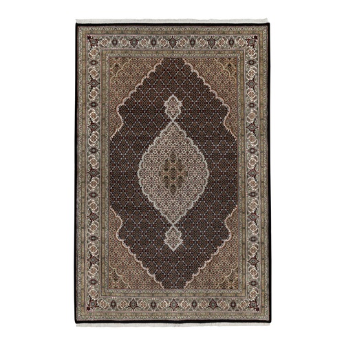 Jade Black, 175 KPSI, Tabriz Mahi with Fish Medallion Design, Natural Wool, Hand Knotted, Oriental Rug