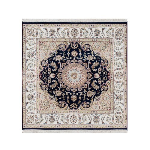 Hale Navy Blue, Hand Knotted, Nain with Floral Medallion Design, 250 KPSI, Wool and Silk, Square, Oriental Rug