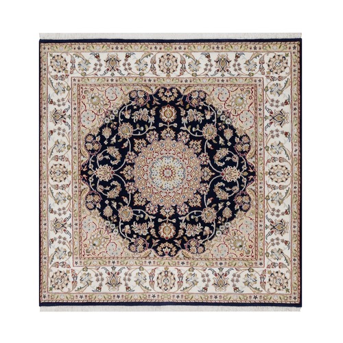 Midnight Blue, Wool and Silk, Hand Knotted, Nain with Center Medallion Flower Design, 250 KPSI, Square, Oriental Rug