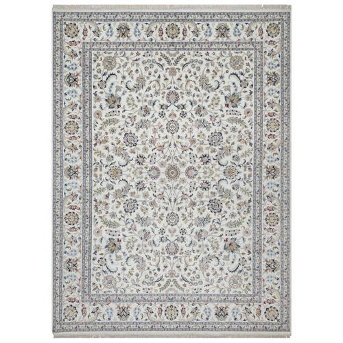 Isabelline White, Hand Knotted, Nain with All Over Flower Design, Soft Pile, Wool and Silk, 250 KPSI, Oriental Rug