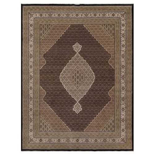 Rich Black, Hand Knotted, Tabriz Mahi with Fish Medallion Design, 175 KPSI, Organic Wool, Oversized, Oriental Rug