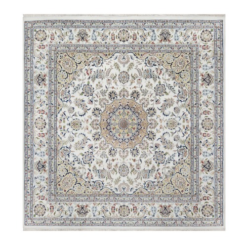 Snow White, 250 KPSI, Hand Knotted, Nain with Flower Medallion Design, Wool and Silk, Square, Oriental Rug