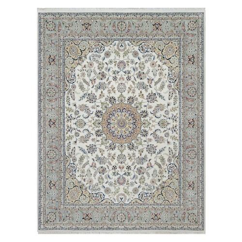 Daisy White, Nain with Center Medallion Design, Hand Knotted, 250 KPSI, Wool and Silk, Oriental Rug