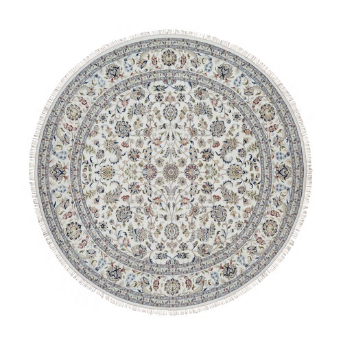 Alabaster White, Nain with All Over Floral Design, Wool and Silk, Hand Knotted, 250 KPSI, Round, Oriental Rug