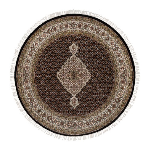 Onyx Black, Tabriz Mahi with Fish Medallion Design, 175 KPSI, Pure Wool, Hand Knotted, Round, Oriental Rug