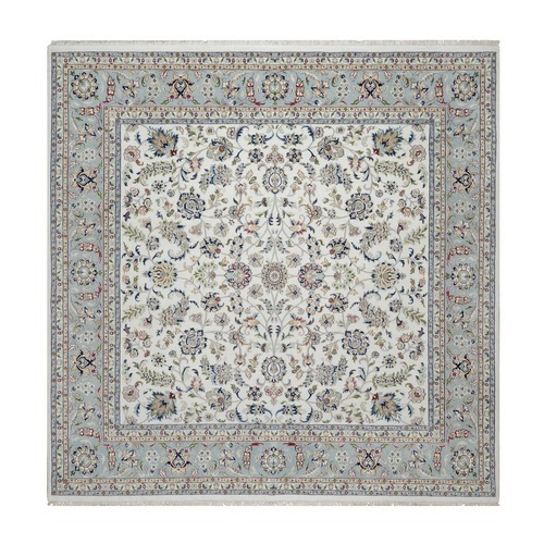 Alabaster White, 250 KPSI, Nain with All Over Flower Design, Wool and Silk, Hand Knotted, Square, Oriental Rug