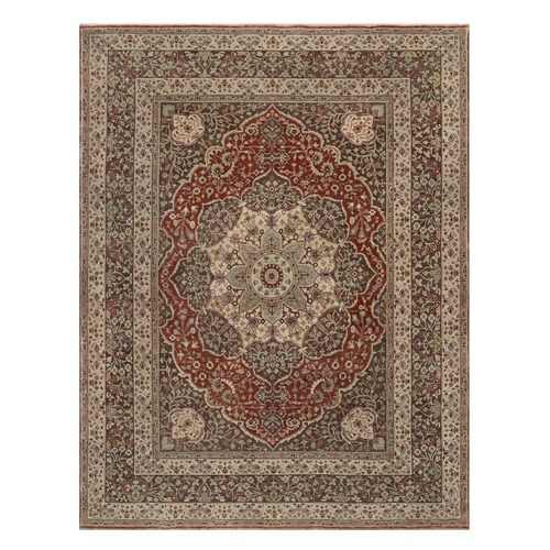 Ruby Red with Coffee Brown, Hand Knotted, Antiqued Tabriz with Haji Jalili Design, 100% Wool, Vegetable Dyes, Soft Pile, Denser Weave, Oriental Rug