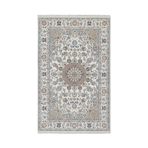 Spring White, 250 KPSI, Hand Knotted, Nain with Center Flower Motif, Wool and Silk, Oriental Rug