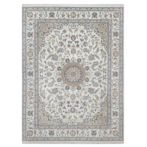 Daisy White, Nain with Center Flower Design, 250 KPSI, Hand Knotted, Wool and Silk, Oriental Rug