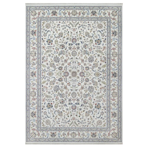 Pearl White, Nain with All Over Flower Design, Hand Knotted, Soft Pile, Wool and Silk, 250 KPSI, Oriental Rug