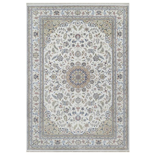 Floral White, 250 KPSI, Nain with Flower Medallion Design, Hand Knotted, Wool and Silk, Oversized, Oriental Rug