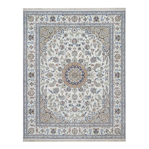 Pearl White, Hand Knotted, Nain with Flower Medallion Design, 250 KPSI, Wool and Silk, Oriental Rug